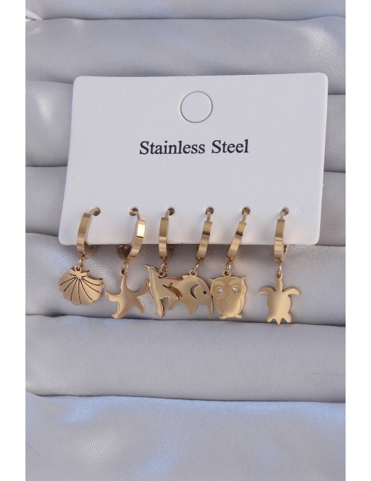 316L Çelik Gold Renk Zirkon Taşlı Hayvan Figürlü Deniz Yıldızı Model Halka Küpe Seti - TJ-BKP9155