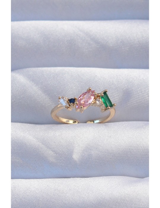 Pirinç Gold Renk Renkli Zirkon Taşlı Ayarlanabilir Yüzük - TJ-BYK3237