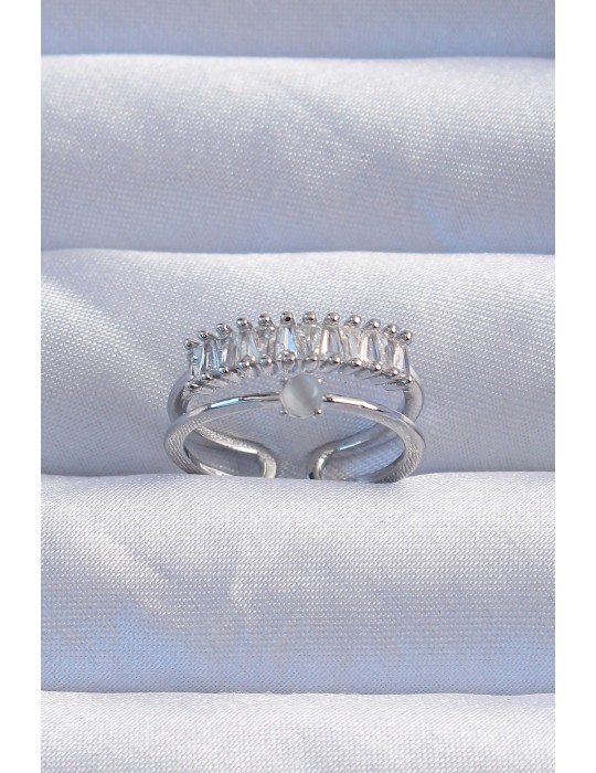 Pirinç Gümüş Renk Sedefli Zirkon Taşlı Su Yolu Model 2li Görünüm Ayarlanabilir Yüzük - TJ-BYK3254