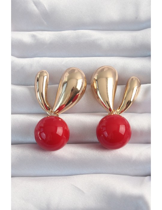 Pirinç Gold Renk Kırmızı Yuvarlak Tasarım Küpe - TJ-BKP9171