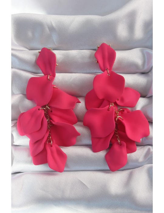 Pirinç Fuşya Renk Sallantılı Yaprak Model Küpe - TJ-BKP9182