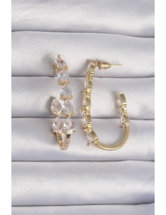 Pirinç Gold Renk Damla Zirkon Taş Tasarımlı Küpe - TJ-BKP9198