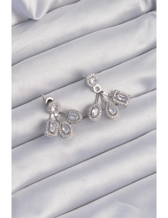 Pirinç Gümüş Renk Zirkon Taşlı Geometrik Model Küpe - TJ-BKP9209