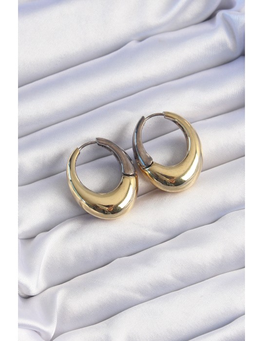 Pirinç Gold Gümüş Renkli Oval Bombeli Küpe - TJ-BKP9221