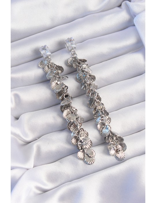 Pirinç Gümüş Renk Zirkon Taşlı Minimal Deniz Kabuklu Sallantılı Küpe - TJ-BKP9253