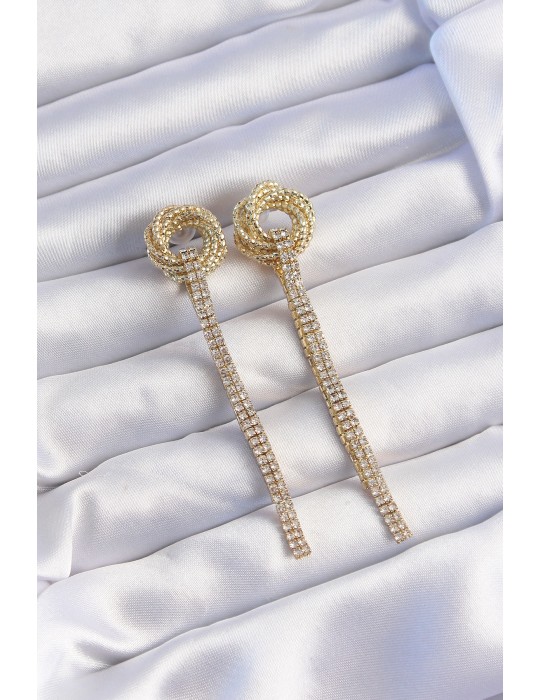 Pirinç Gold Renk Zirkon Taşlı Kıvrım Detay Sallantılı Küpe - TJ-BKP9254