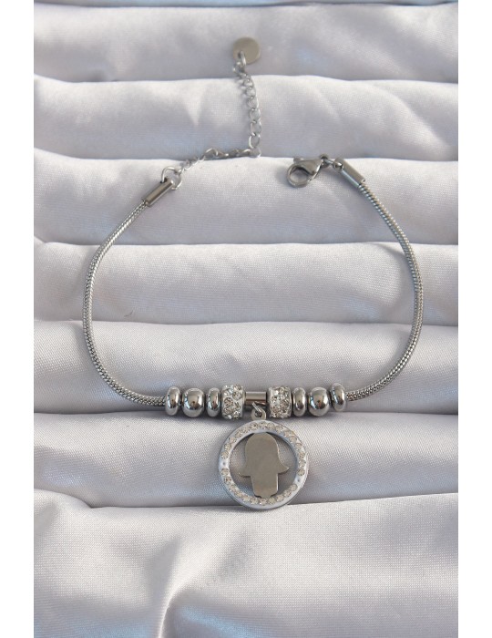 316L Çelik Gümüş Renk Zirkon Taş Aksesuarlı Fatma Ana Eli Bileklik - TJ-BB6234