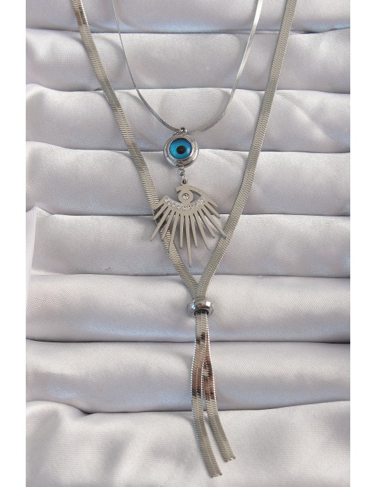 316L Çelik Gümüş Renk Zirkon Taşlı Göz Detay Nazarlı Uzun Asansör Model Kolye - TJ-BKO8961