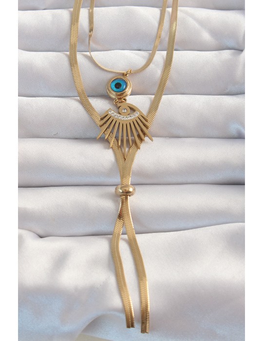 316L Çelik Gold Renk Zirkon Taşlı Göz Detay Nazarlı Uzun Asansör Model Kolye - TJ-BKO8962