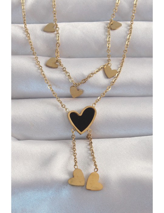 316L Çelik Gold Renk Mineli Çoklu Kalp Kolye - TJ-BKO8967