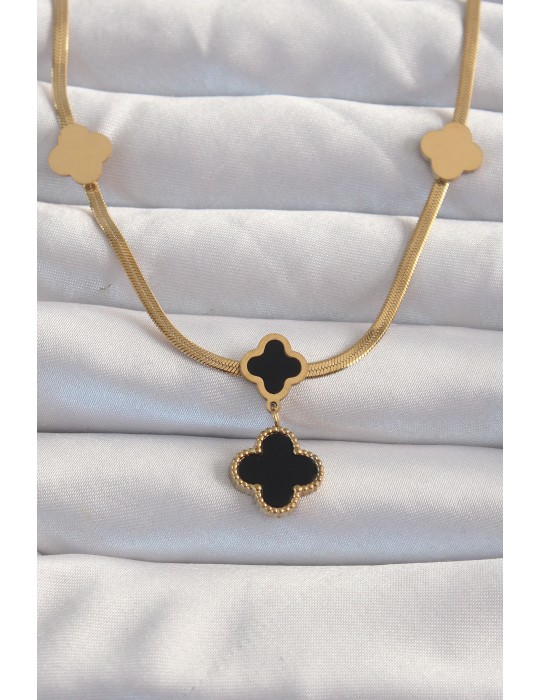 316L Çelik Gold Renk İtalyan Zincirli Mineli Yonca Kolye - TJ-BKO8969