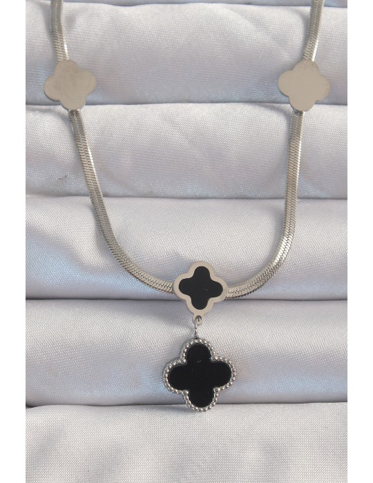 316L Çelik Gümüş Renk İtalyan Zincirli Mineli Yonca Kolye - TJ-BKO8970