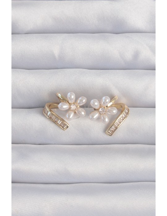 Pirinç Gold Renk Zirkon Taşlı Kıvrımlı İnci Çiçek Küpe - TJ-BKP9277