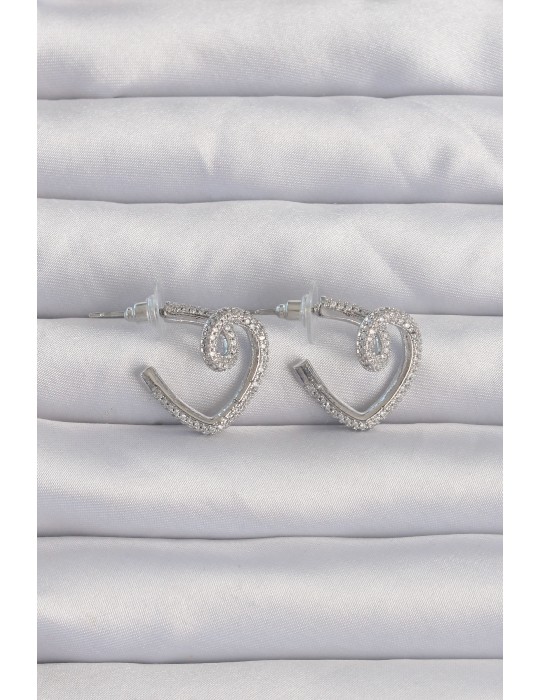 Pirinç Gümüş Renk Zirkon Taşlı Kıvrımlı Yarım Kalp Küpe - TJ-BKP9278