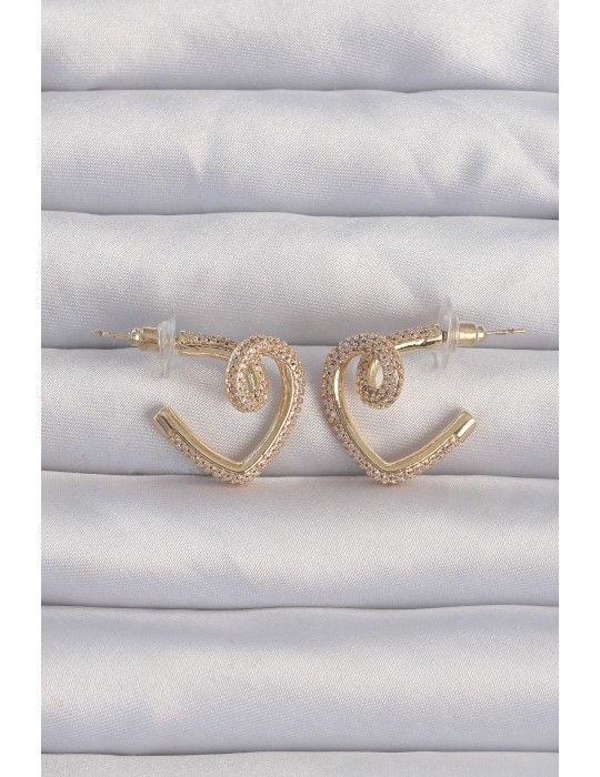 Pirinç Gold Renk Zirkon Taşlı Kıvrımlı Yarım Kalp Küpe - TJ-BKP9279