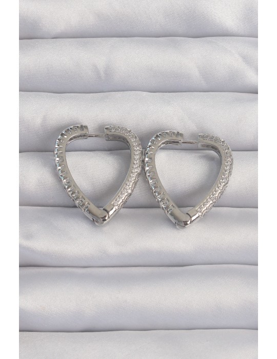 Pirinç Gümüş Renk Zirkon Taşlı Motifli Kalp Küpe - TJ-BKP9284
