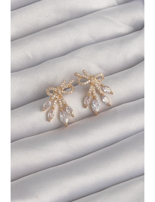 Pirinç Gold Renk Zirkon Taşlı Fiyonk Küpe - TJ-BKP9293