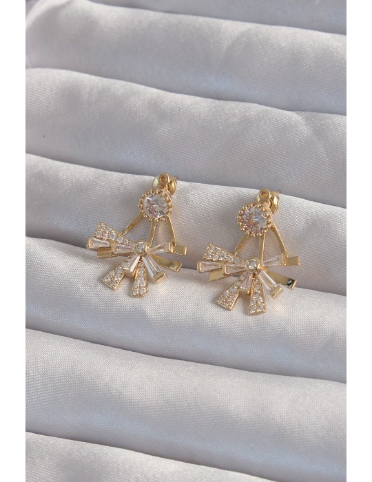 Pirinç Gold Renk Zirkon Taşlı Yassı Fiyonk Model Küpe - TJ-BKP9301