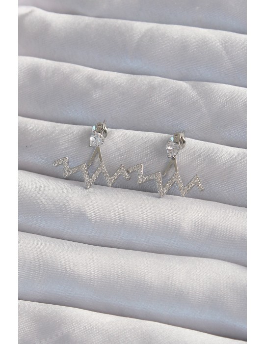 Pirinç Gümüş Renk Zirkon Taşlı Zikzak Küpe - TJ-BKP9302