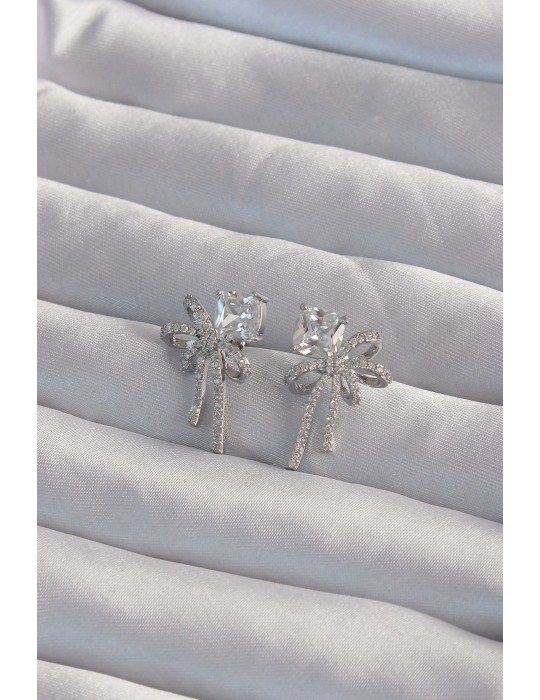 Pirinç Gümüş Renk Kare Zirkon Taşlı Fiyonk Küpe - TJ-BKP9306