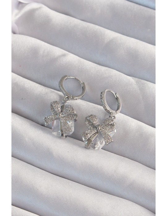 Pirinç Gümüş Renk İri Zirkon Taşlı Fiyonk Model Halka Küpe - TJ-BKP9312