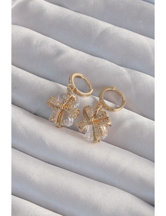 Pirinç Gold Renk İri Zirkon Taşlı Fiyonk Model Halka Küpe - TJ-BKP9313