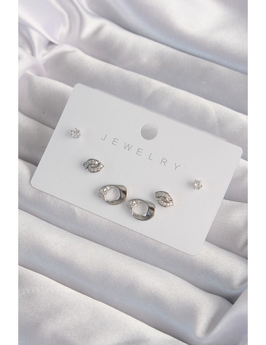 Pirinç Gümüş Renk Zirkon Taşlı Yaprak Model Küpe Seti - TJ-BKP9324