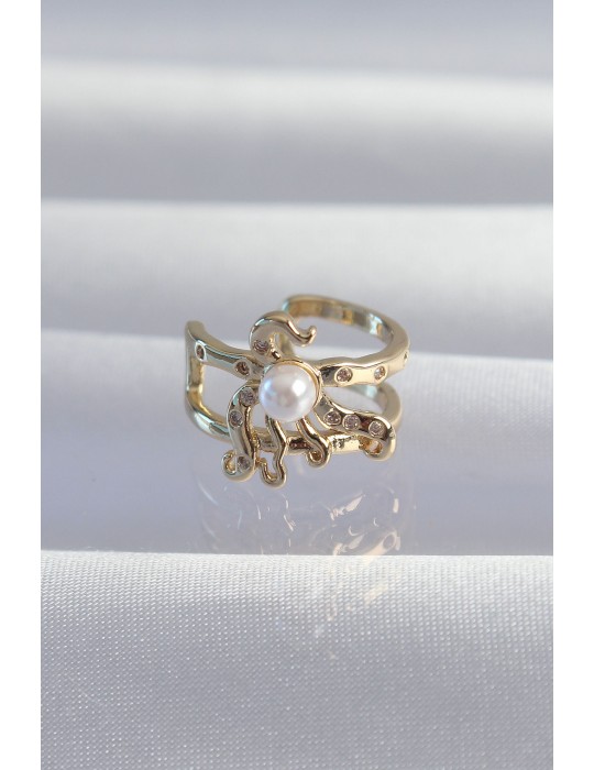 Pirinç Gold Renk İncili Ahtapot Earcuff Küpe - TJ-BKP9333