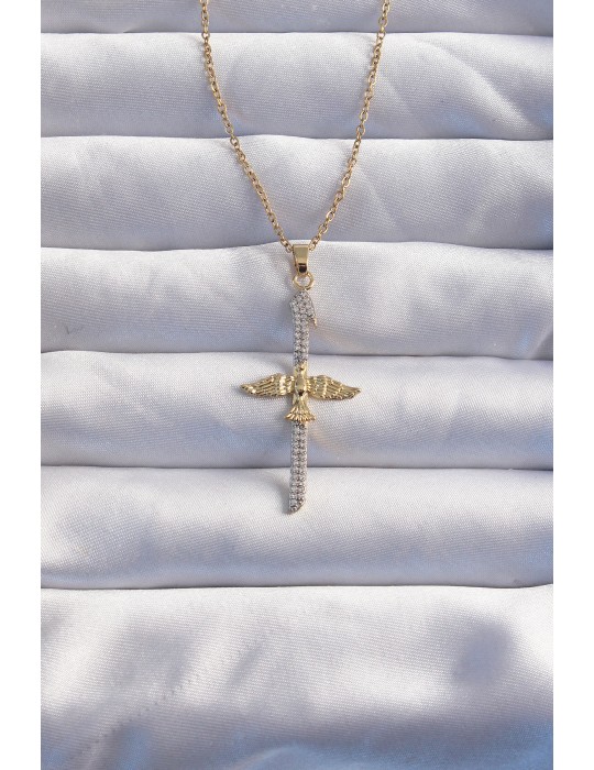 316L Çelik Zincir Gold Renkli Zirkon Taşlı Kılıç Model Anka Kuşu Kolye - TJ-BKO8986