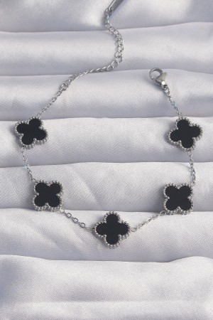 316L Çelik Gümüş Renk Siyah Mineli Yonca Bileklik - TJ-BB6257