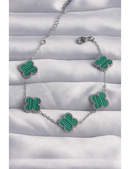 316L Çelik Gümüş Renk Çizgili Yeşil Mineli Yonca Bileklik - TJ-BB6259