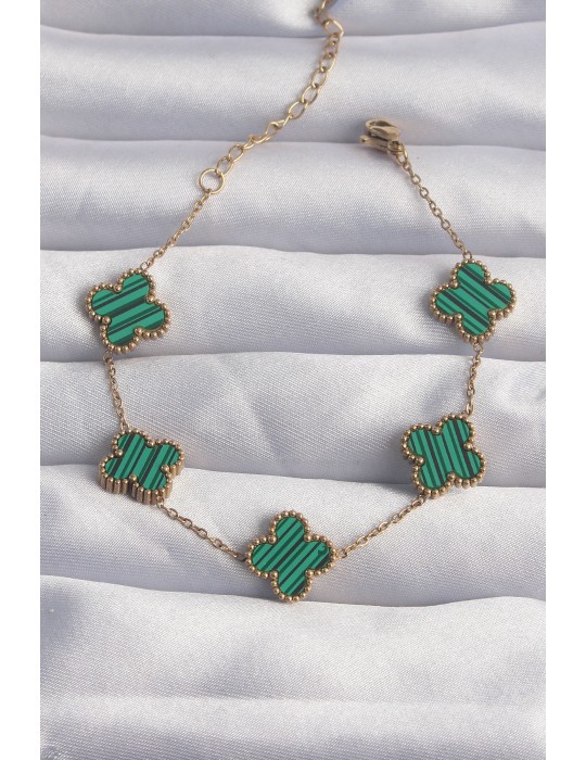 316L Çelik Gold Renk Çizgili Yeşil Mineli Yonca Bileklik - TJ-BB6260