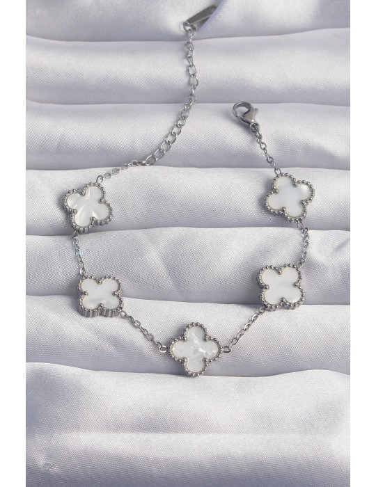 316L Çelik Gümüş Renk Beyaz Sedefli Yonca Bileklik - TJ-BB6261