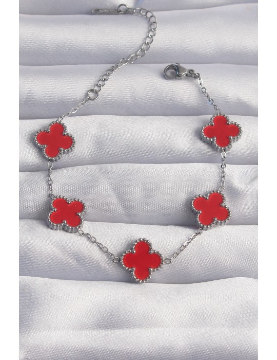 316L Çelik Gümüş Renk Kırmızı Mineli Yonca Bileklik - TJ-BB6263