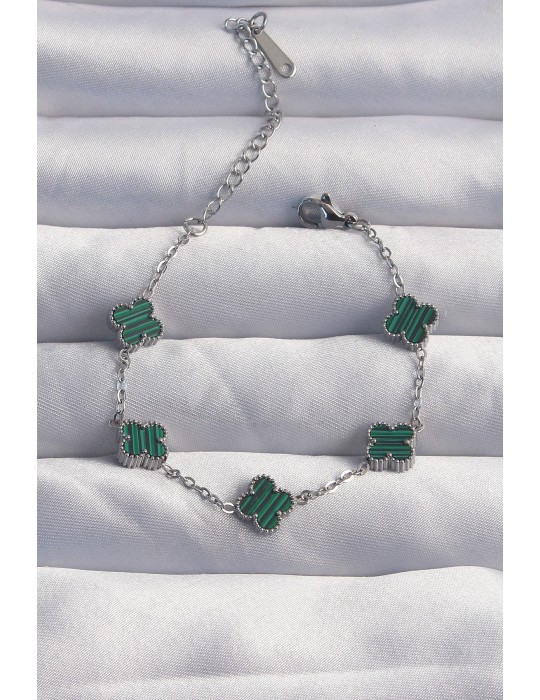 316L Çelik Baby Boy Gümüş Renk Çizgili Yeşil Mineli Yonca Bileklik - TJ-BB6270