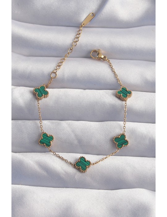 316L Çelik Baby Boy Gold Renk Çizgili Yeşil Mineli Yonca Bileklik - TJ-BB6271