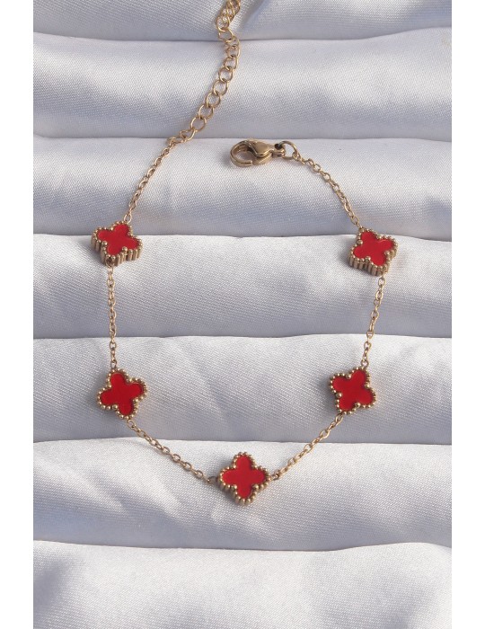 316L Çelik Baby Boy Gold Renk Kırmızı Mineli Yonca Bileklik - TJ-BB6274