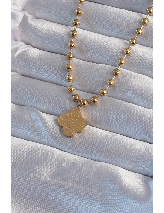 316L Çelik Top Zincirli Gold Renk İşlemeli Yonca Model Kolye - TJ-BKO8988