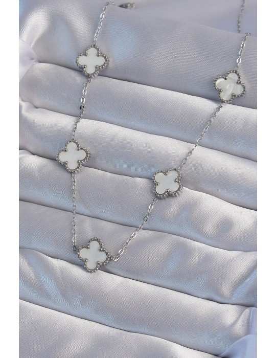 316L Çelik Gümüş Renk Beyaz Sedefli Yonca Kolye - TJ-BKO8995