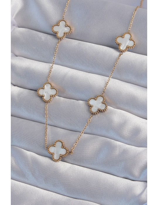 316L Çelik Gold Renk Beyaz Sedefli Yonca Kolye - TJ-BKO8996