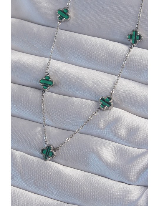 316L Çelik Gümüş Renk Minimal Yeşil Mineli Yonca Kolye - TJ-BKO8999