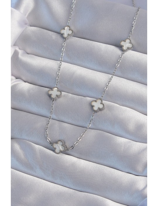 316L Çelik Gümüş Renk Minimal Beyaz Sedefli Yonca Kolye - TJ-BKO9001