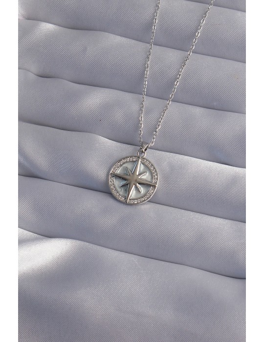 316L Çelik Zincir Gümüş Renk Zirkon Taşlı Kutup Yıldızı Kolye - TJ-BKO9012