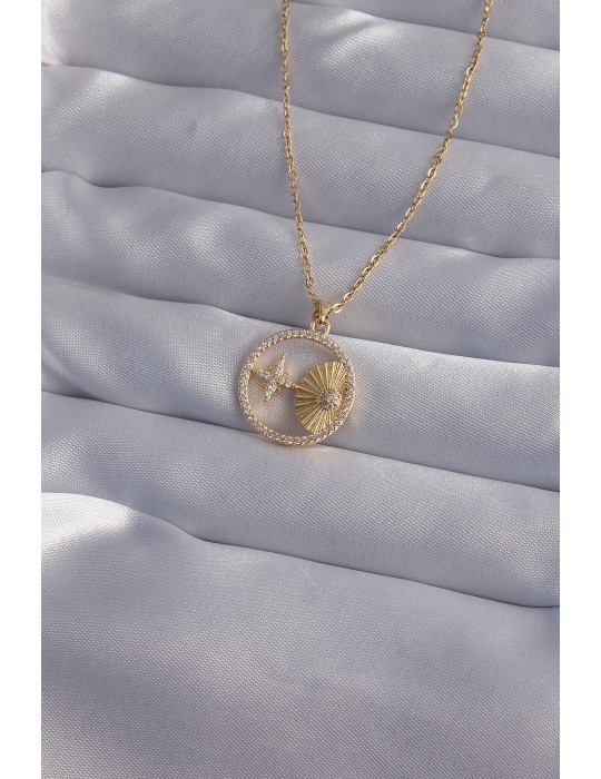 316L Çelik Zincir Gold Renk Zirkon Taşlı Yıldız Figürlü Oval Kolye - TJ-BKO9023