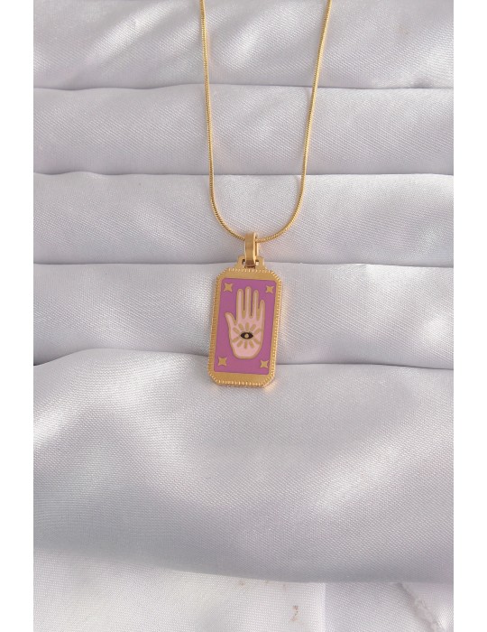 316L Çelik Gold Renk Mor Mineli El Figür Tarot Kolye - TJ-BKO9034