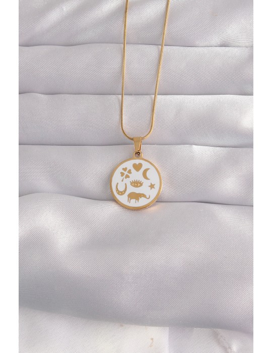 316L Çelik Gold Renk Beyaz Mineli Karışık Figürlü Tarot Kolye - TJ-BKO9041