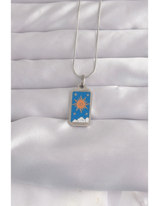 316L Çelik Gümüş Renk Mavi Mineli Güneş Model Tarot Kolye - TJ-BKO9042