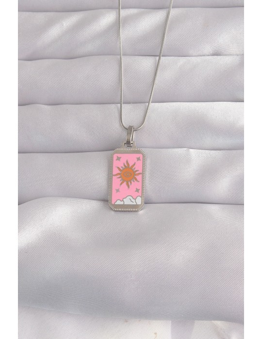 316L Çelik Gümüş Renk Pembe Mineli Güneş Model Tarot Kolye - TJ-BKO9043