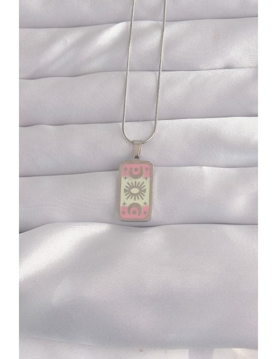 316L Çelik Gümüş Renk Pembe Mineli Ay Figür Tarot Kolye - TJ-BKO9045