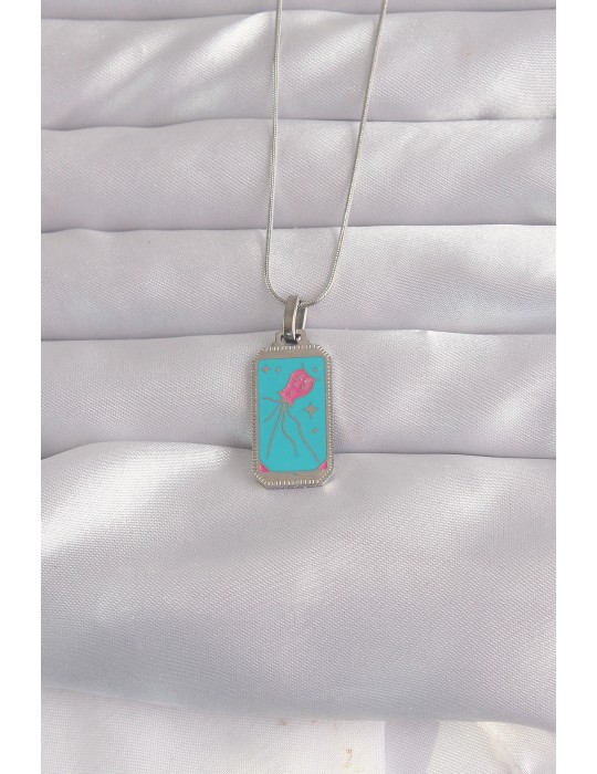 316L Çelik Gümüş Renk Mavi Mineli Tarot Kolye - TJ-BKO9046